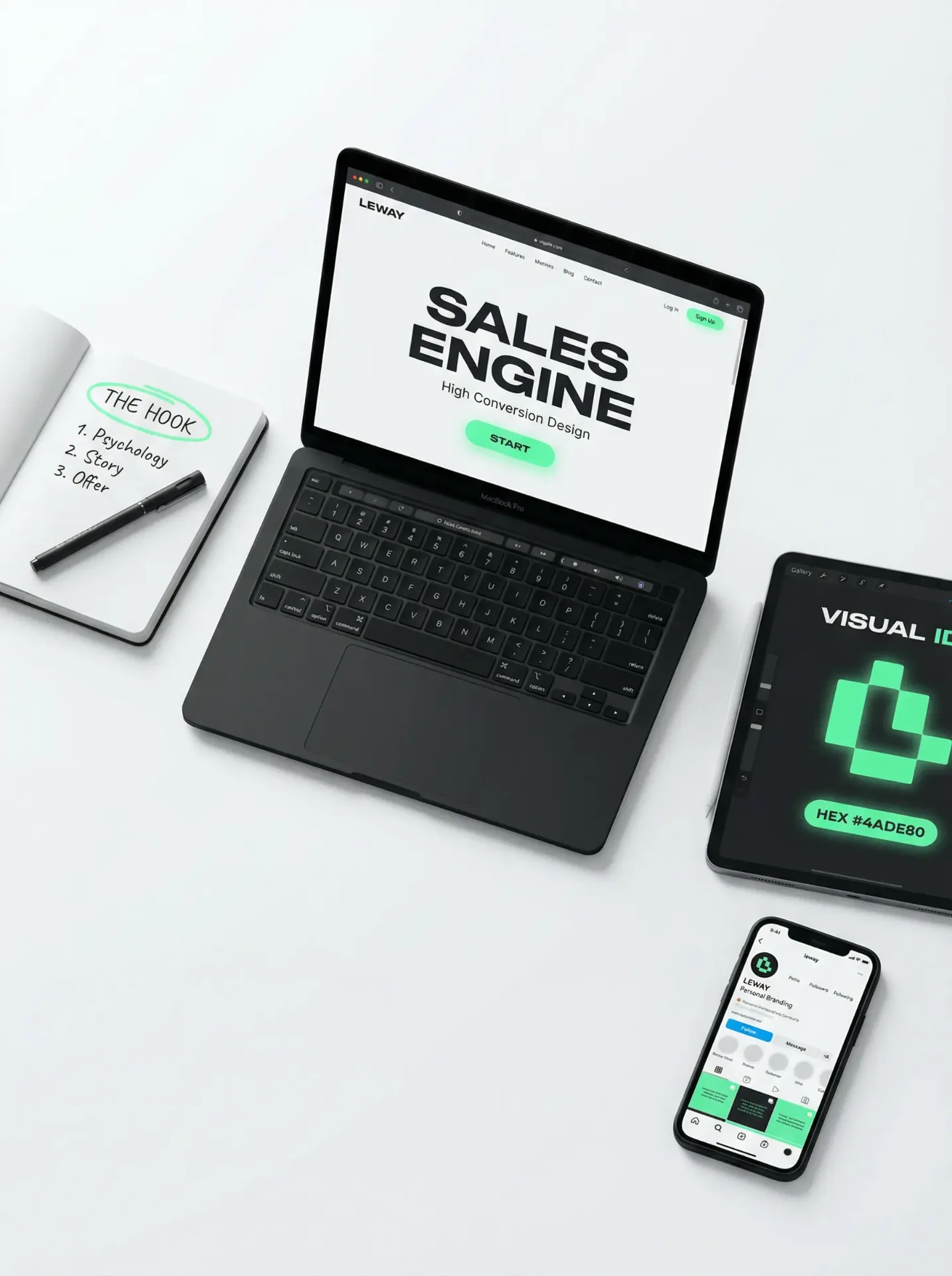 LEWAY Creatives — laptop, tablet and phone showcasing web design, visual identity and personal branding work for clients in Kenya and worldwide